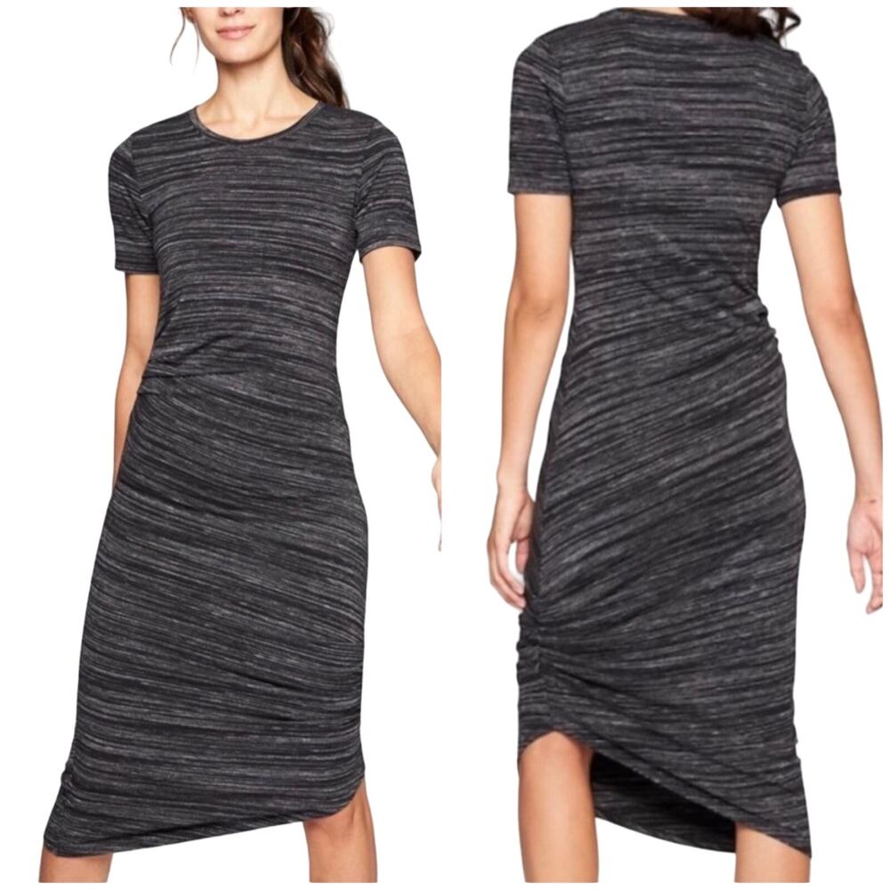 Athleta Downtown Heathered Gray Ruched Midi T-Shirt Dress Size S Jersey Knit